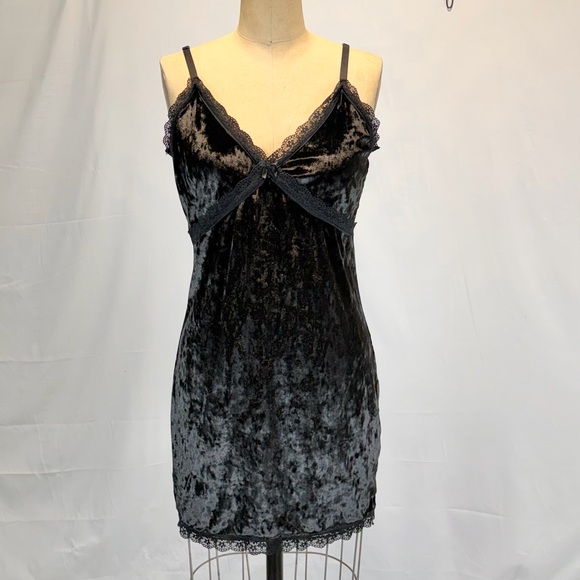 Black velvet nightgown nighty lingerie midi lace spaghetti strap sexy negligee - Picture 6 of 11